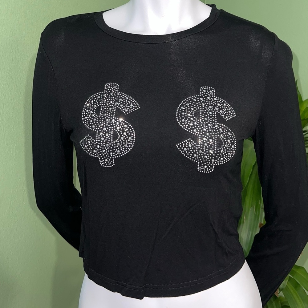 SHEIN Black Rhinestone Dollar Blouse